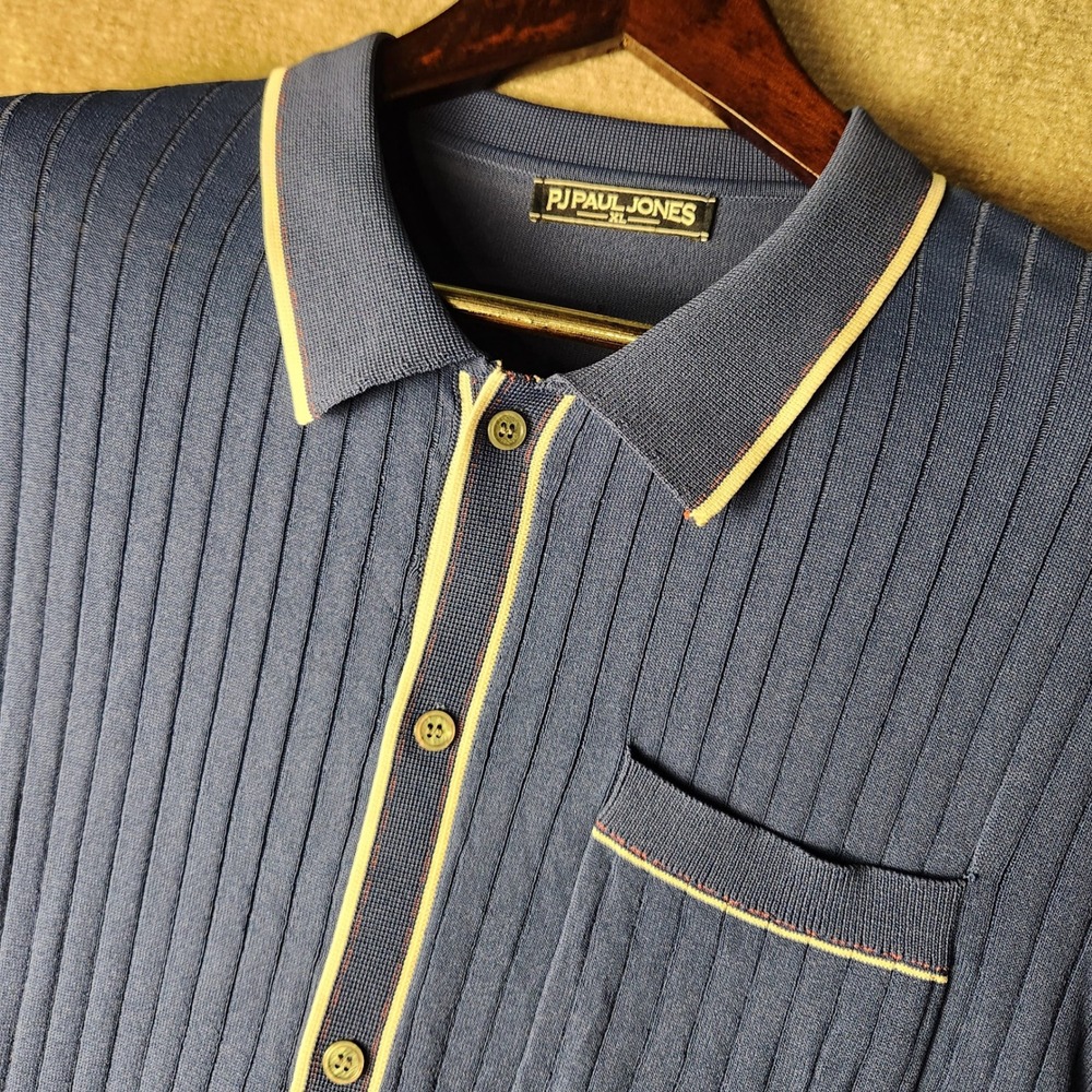 PJ Paul Jones Knit Polo Shirt Mens XL Blue Cream Ribbed Short Sleeve Button Up